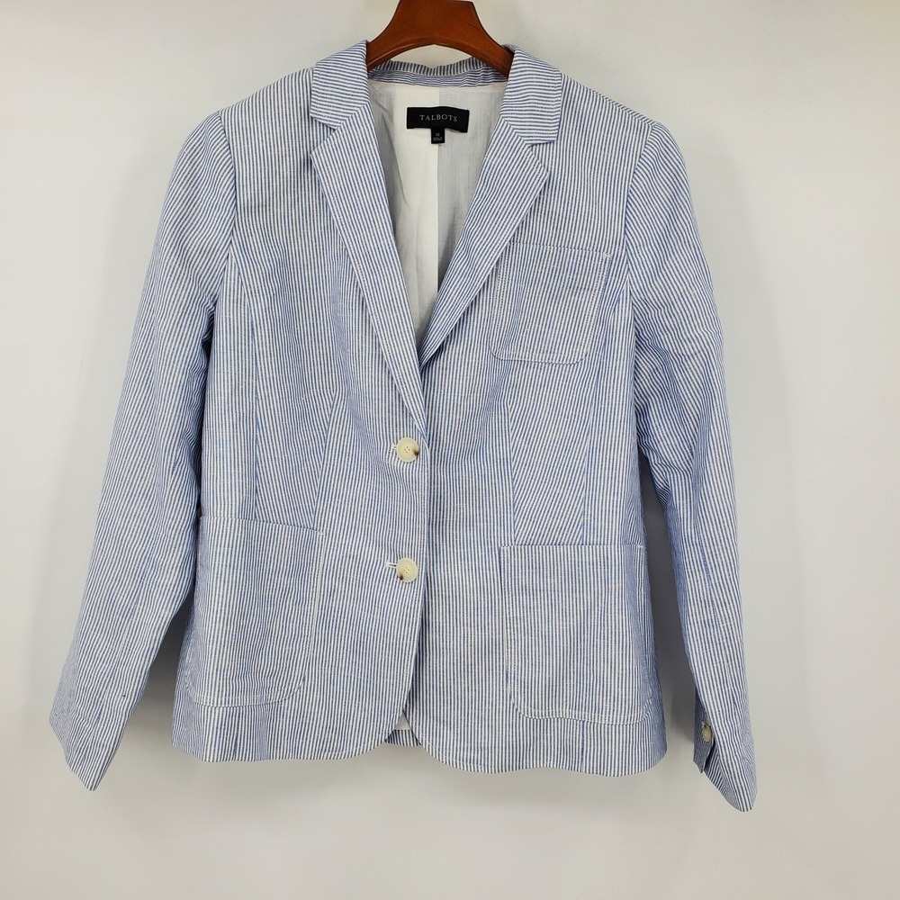 Talbots Blue White Striped Linen Cotton Blazer Jacket 12 Office Preppy Career